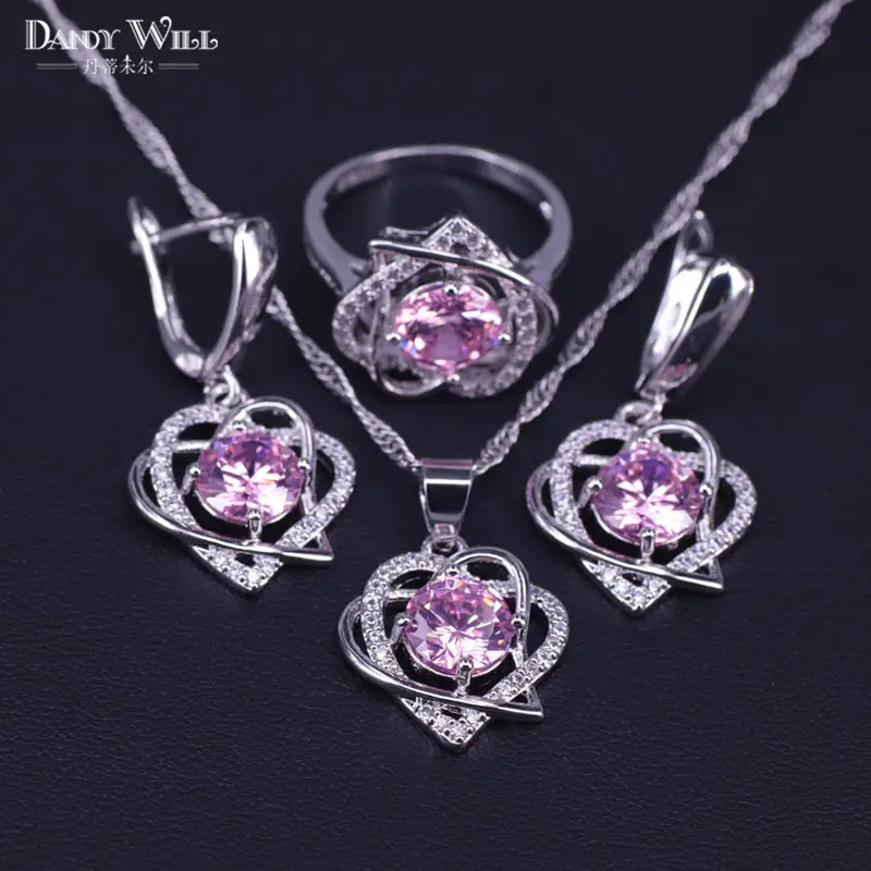 Женский комплект украшений в форме сердца с розовым кубическим цирконием