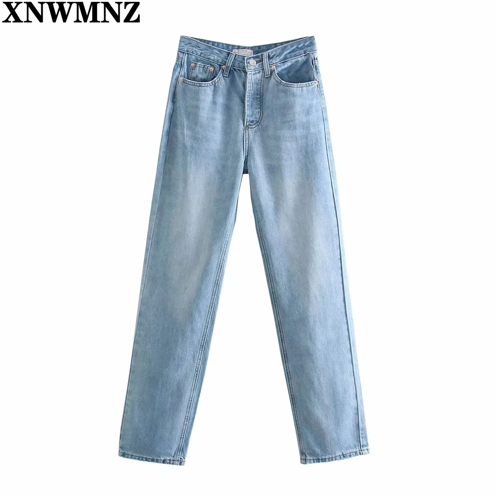 

XNWMNZ New Women Fashion straight-leg mid-rise jeans Female high-waist faded Jeans pockets button fly denim pants Lady trousers