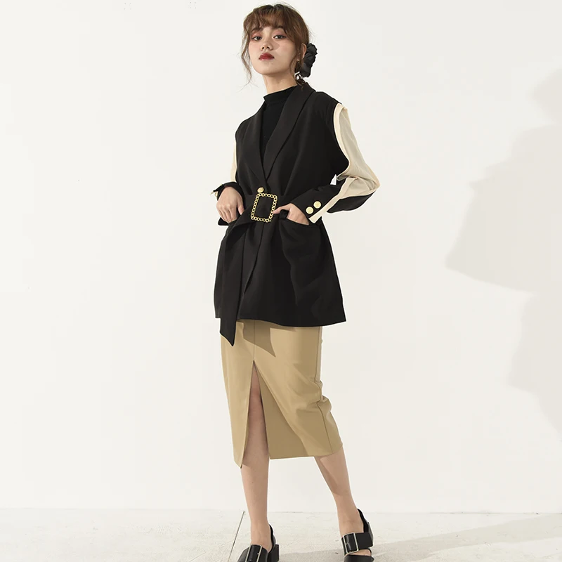 

[EAM] Women Black Side Perspective Belt Blazer New Lapel Long Sleeve Loose Fit Jacket Fashion Tide Spring Autumn 2021 1A87901