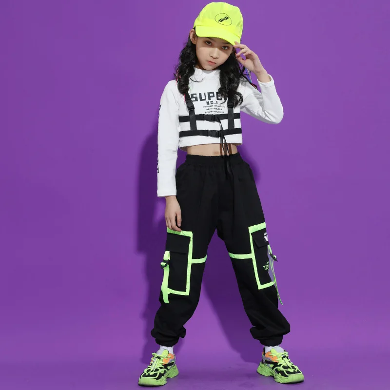 

Girls Crop Top White Joggers Hip Hop Clothes Set Kids Sweatshirt Cargo Pants Street Dance Stage Wear Child Dacewear Jazz Costume