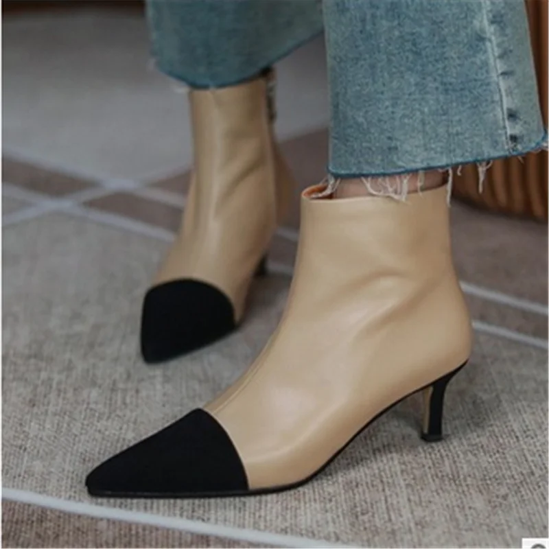 

women's boots stiletto pointed toe side zipper short boots cowhide fashion color matching high heel short boots