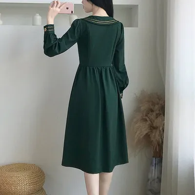 

Spring And Autumn Vintage Green Long Dress Women High Waist Elegant Casual Womens Maxi Dresses Single Breasted Runway Dress