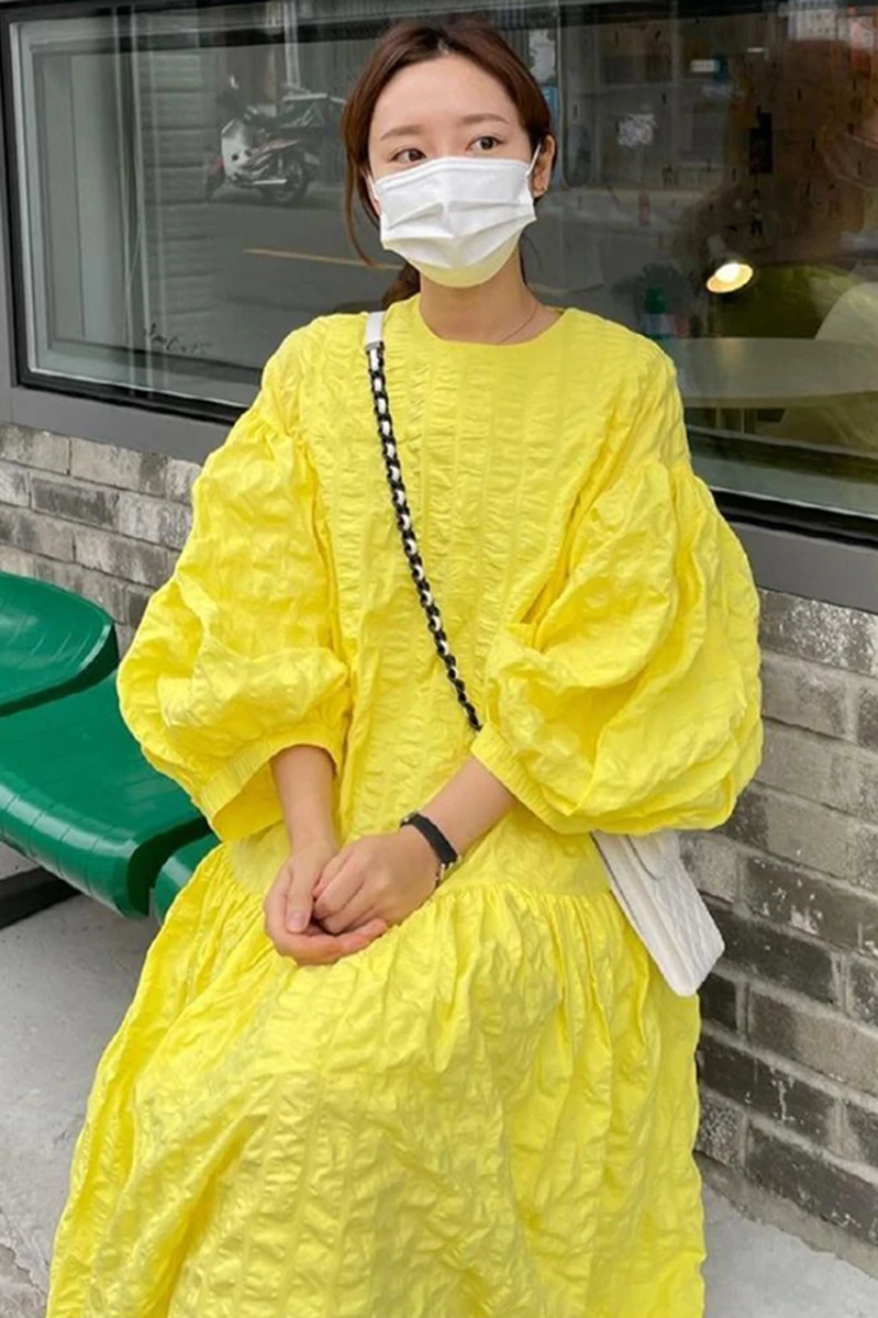 

SuperAen Solid Yellow O Neck Loose Lantern Sleeve Big Swing A-LINE Folds Ankle-Length Summer Dresses for Women