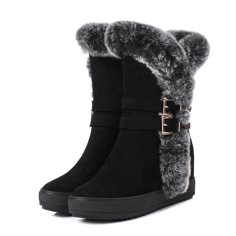 Black-2 Buckle ENMAYER/ г. Женские зимние сапоги из искусственной замши зимние сапоги, увеличивающие рост, с круглым носком женская обувь, размер 34-40 - Цвет: Black-2 Buckle
