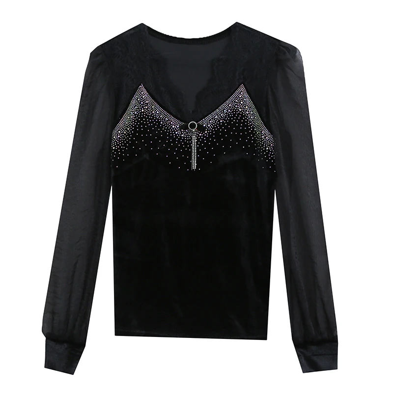 

2021 Spring Autumn Women Mesh V-neck Long Sleeve Hot Drilling Tops Blouse Female Patchwork Plus Size T-shirt Feminina Blusas
