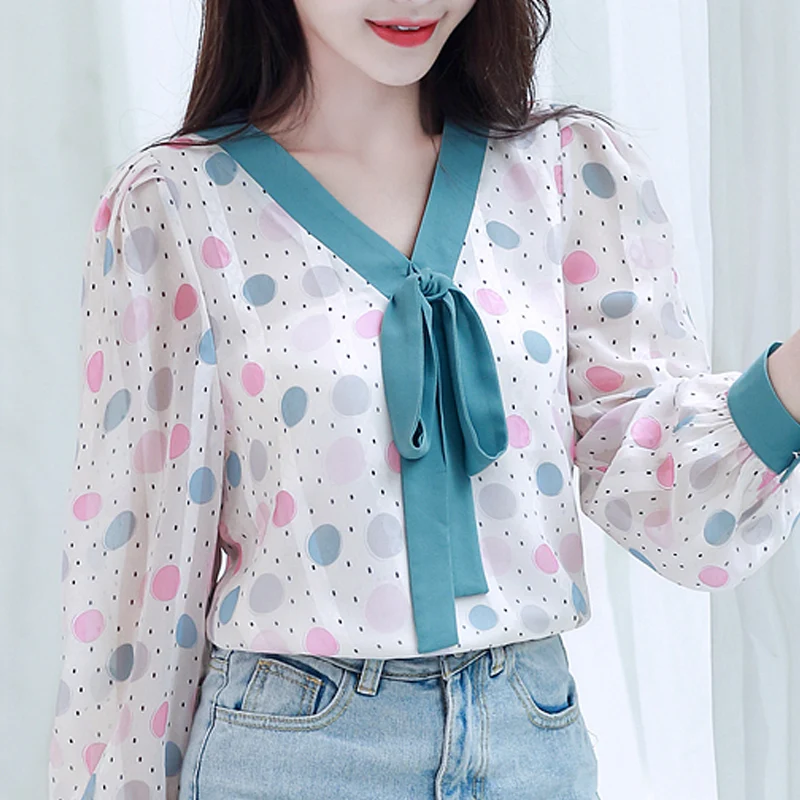

Blusas Mujer De Moda 2021 блузка Для женщин бант с v-образным вырезом в горошек Шифоновая блузка рубашка с длинным рукавом Для женщин блузки рубашки топ...