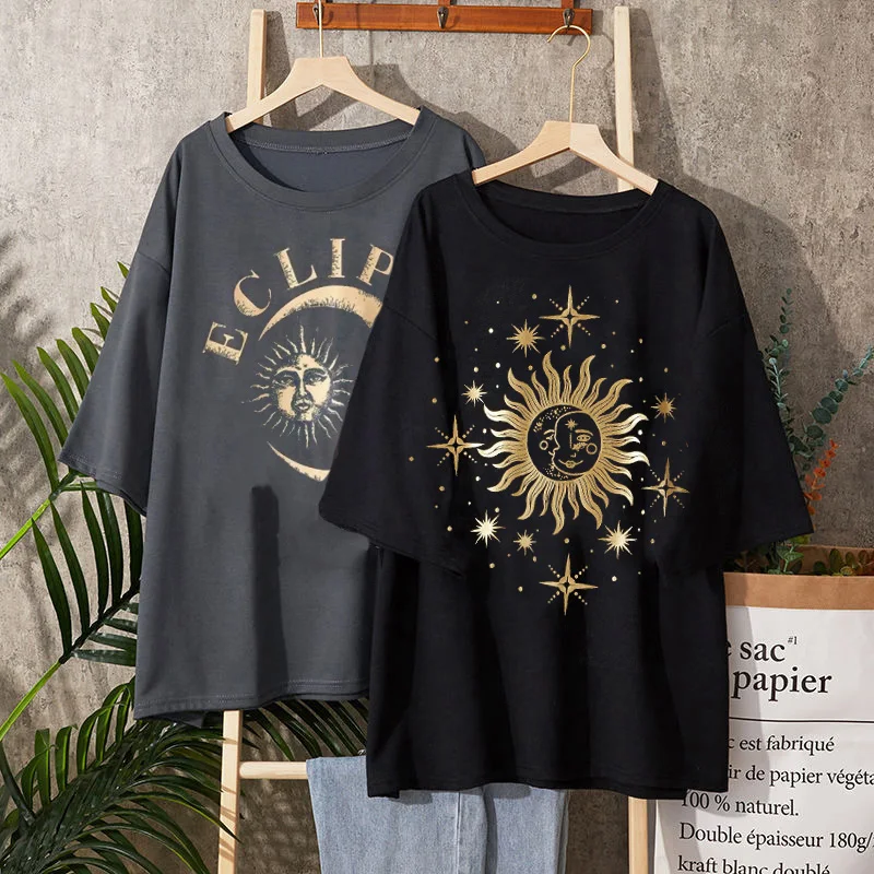 

2021 Summer Ladies T-shirt Harajuku Beautiful Women Sun Moon Print Short Sleeve Top Fashion Casual Ladies Oversized T-shirt