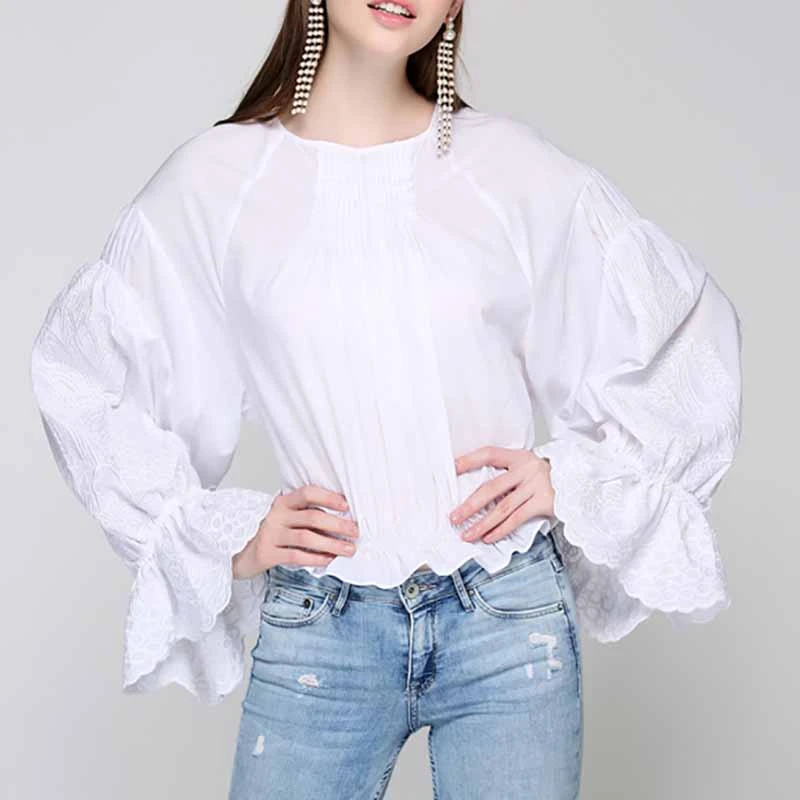 

SeeBeautiful New Fashion Spring 2021 O-neck Long Flare Sleeve Embroidery Back Button Large Size Blouse Shirt Women N231