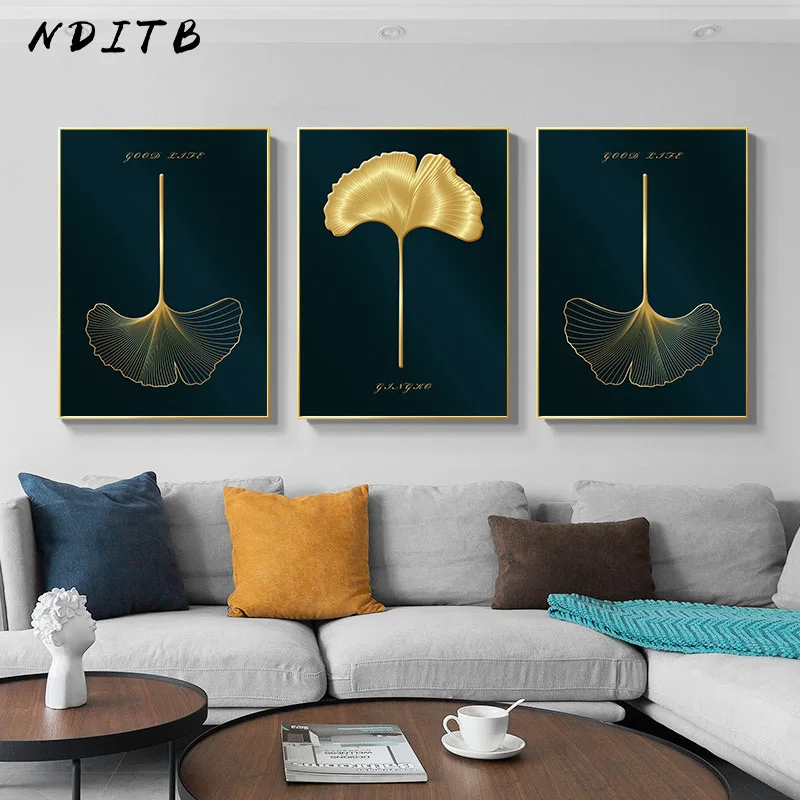 Абстрактная картина Золотые растения настенный постер в скандинавском стиле с