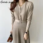 Кашемировое плиссированное платье цвета хаки, женское Элегантное трикотажное облегающее платье с V-образным вырезом, Женская винтажная элегантная деловая зимняя одежда