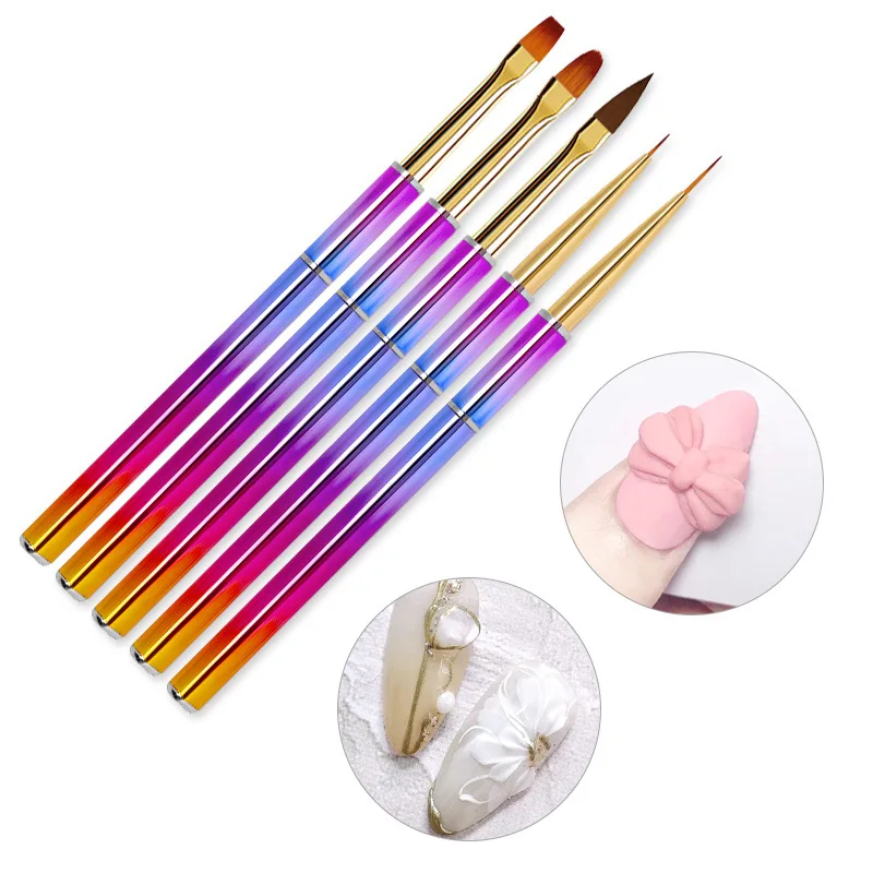

5PCS 3D UV Gel Nail Painting Brushes Set Colourful Nail Liner Brush Image Design Drawing Pen Acrylic Rainbow Nail Art Salon DIY