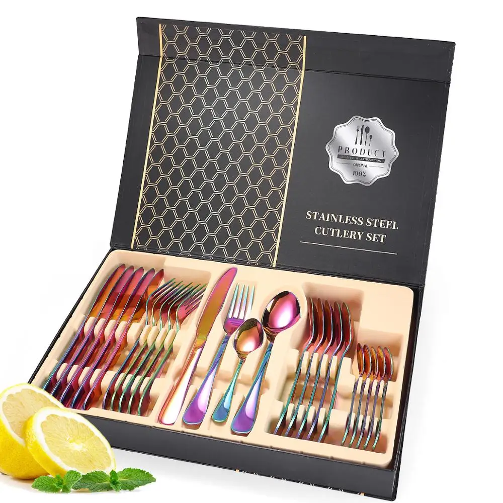 

24 PCS Dinnerware Set 304 Stainless Steel Tableware Set Knife Fork Spoon Luxury Cutlery Set Gift Box Flatware Dishwasher Safe