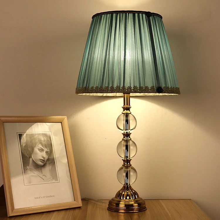 Современная Хрустальная настольная лампа для спальни тканевый абажур украшение