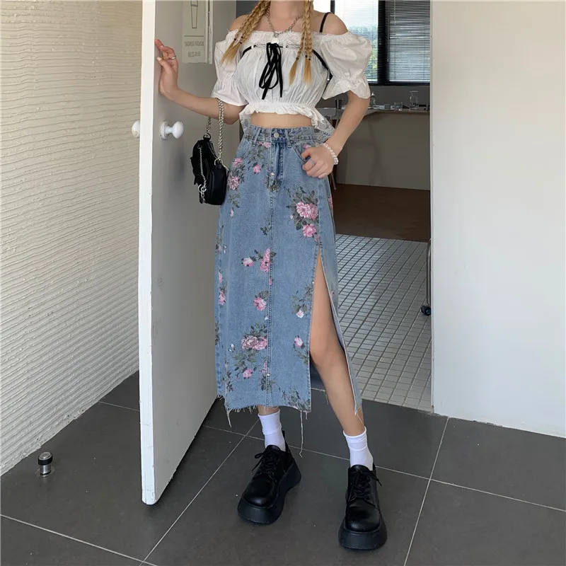 

2021 Spring Summer Women New Hong Kong High Waist Mid-calf Denim Skirt Ladies Fashion A-line Slimming Irregular Jeans Skirt