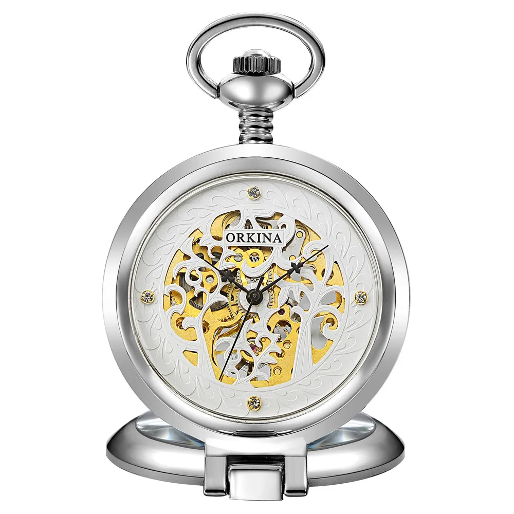 

Unique Fashion Silver Mechanical Pocket Watches Men Women FOB Chain Exquisitely Carved Hllow Skeleton Steampunk Steel Male Clock