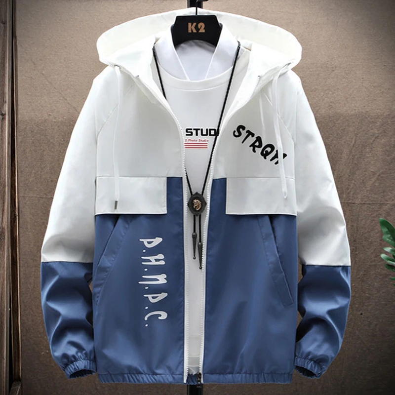 

2021 Hot Sale Men's Patchwork Jacket Oversize Windbreakers Thin Brand Clothing New Male Autumn Outdoor Hooded Clothing