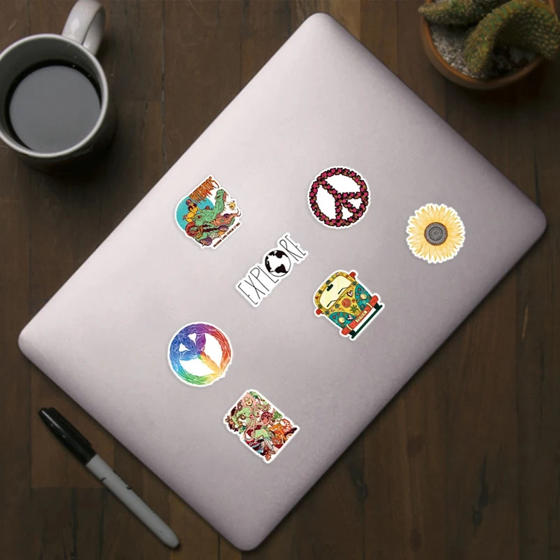 

50Pcs Retro Hippies Stickers Love and Peace Bus Stickers for Laptop Luggage Skateboards Water Cup Stationery DIY Decal Stickers