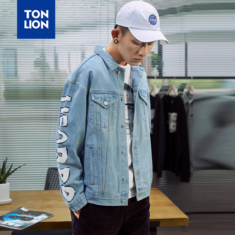 Мужская джинсовая куртка TONLION синяя с длинным рукавом и принтом в виде большой