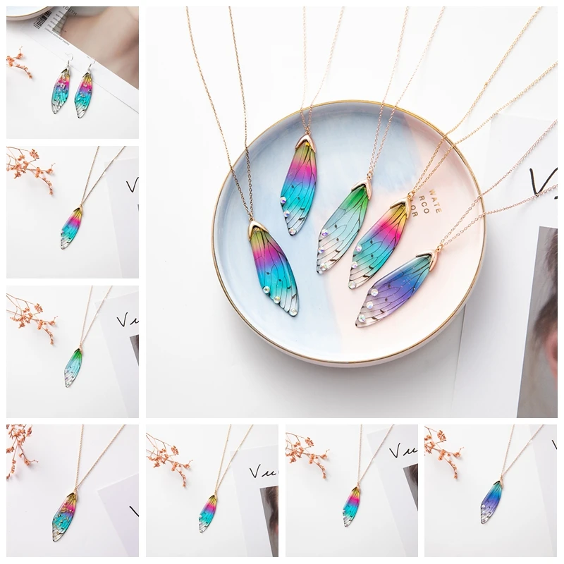 

Minar Wonderful Rainbow Green Blue Gradient Resin Cicada Wings Pendant Necklace for Women Sequins Foil Butterfly Necklaces Gift