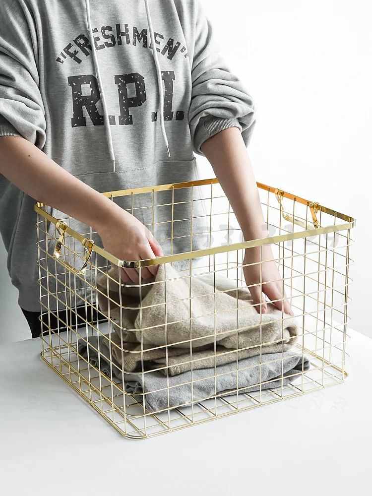 

Nordic Style Metal Rose Gold Storage Basket Bath Clothes Cosmetics Storage Basket Office Sundries Organizer Home Decor Golden