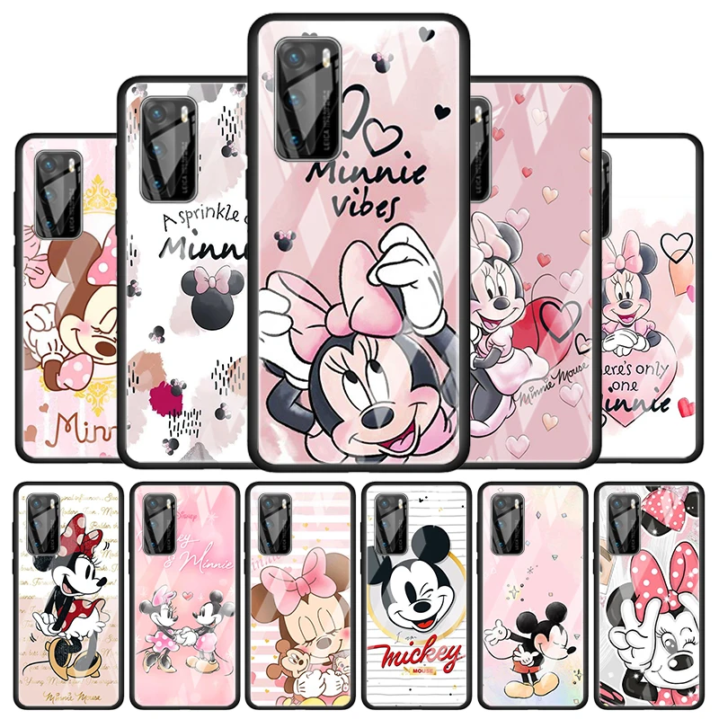 

Pink Minnie Cartoon Cute for Huawei P40 P30 Pro Plus P20 P10 Lite P Smart Z 2021 2020 2019 Luxury Tempered Glass Phone Case