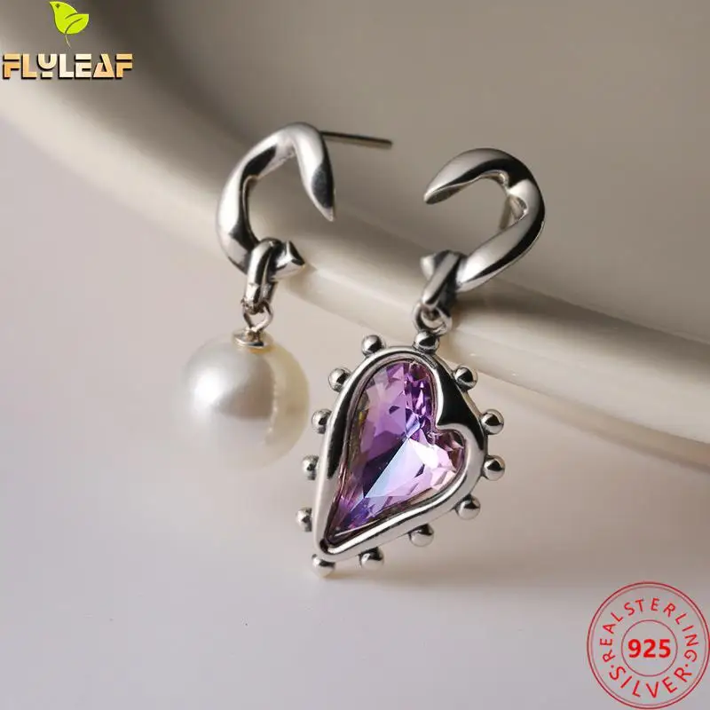 

100% 925 Sterling Silver Drop Earrings For Women Asymmetry Heart Crystal Pearl Fine Jewelry Femme Earings Fashion Jewelry Luxury