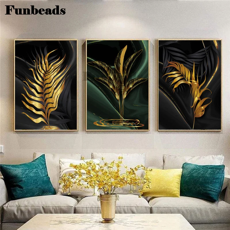 

Three pieces of diamond painting full square abstract gold leaf diamond embroidered diamond inlaid decor jigsaw tripty FF4077
