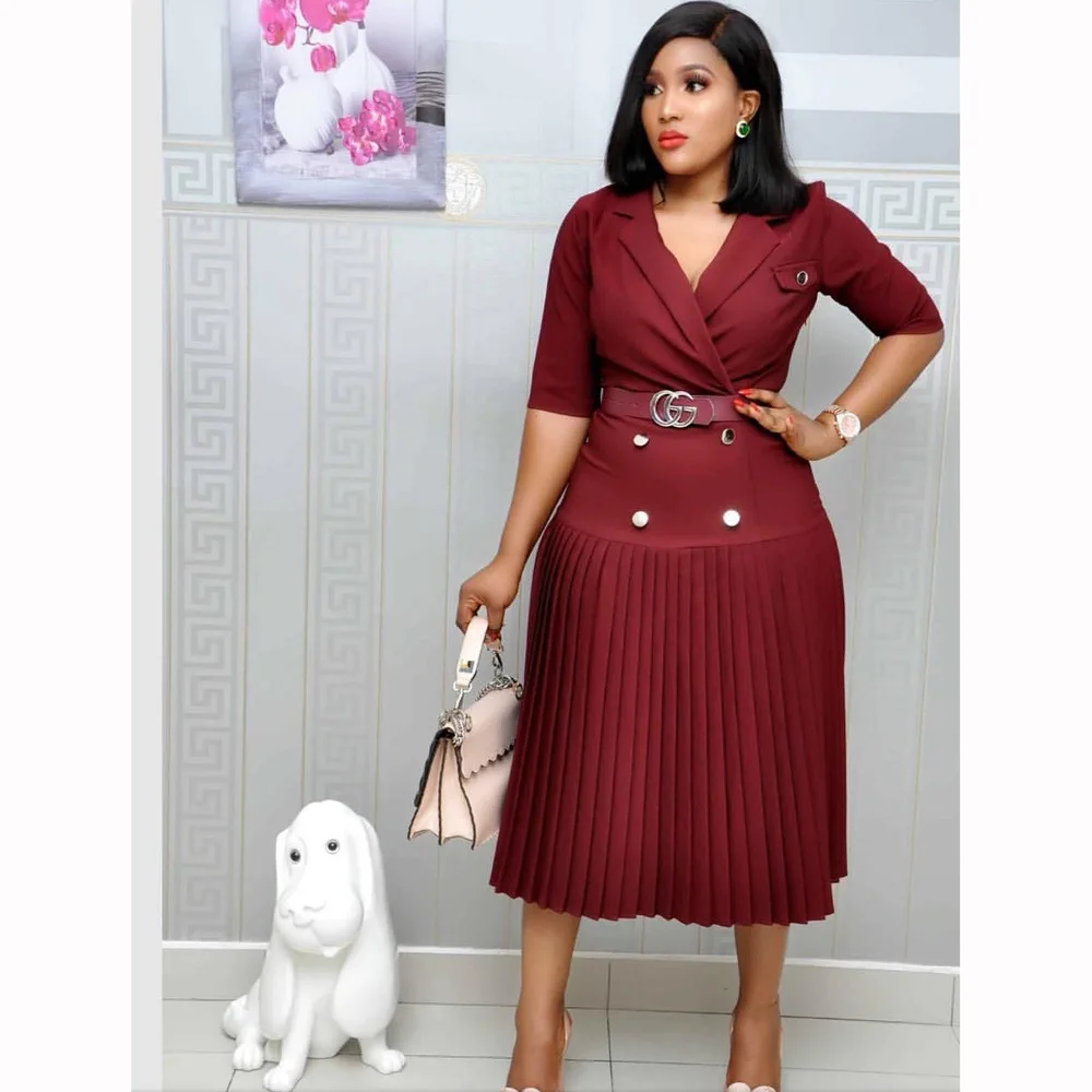 Африканское плиссированное платье женское повседневное офисное элегантное с v
