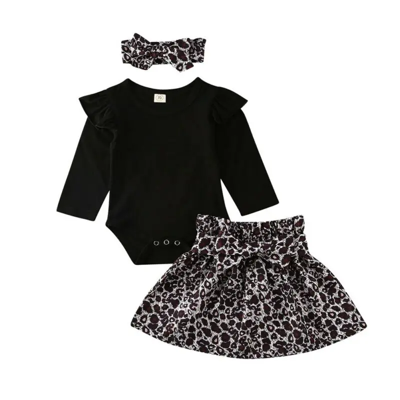 

3PCS Set Infant Baby Girl Autumn Spring Clothes Long Sleeve Romper Leopard Skirt Headwear Outfit 0-12 Months