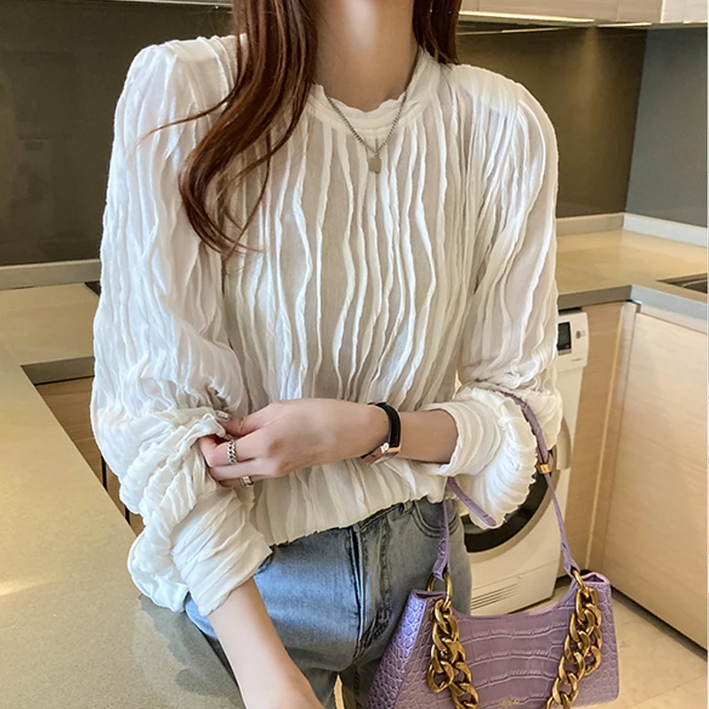 

Spring Women's Vintage Korean Style Solid Folds Chiffon Blouse O Neck All-match Elegant Loose Casual Office Tops Lady T16302X