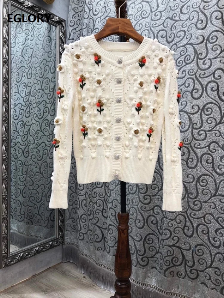 2020 Autumn Winter Fashion Cardigan High Quality Ladies Ball Patterns Knitting Beading Buttons Long Sleeve Casual Sweaters Woman