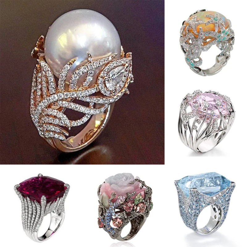 Роскошные коктейльные кольца с кристаллами трендовые из розового золота