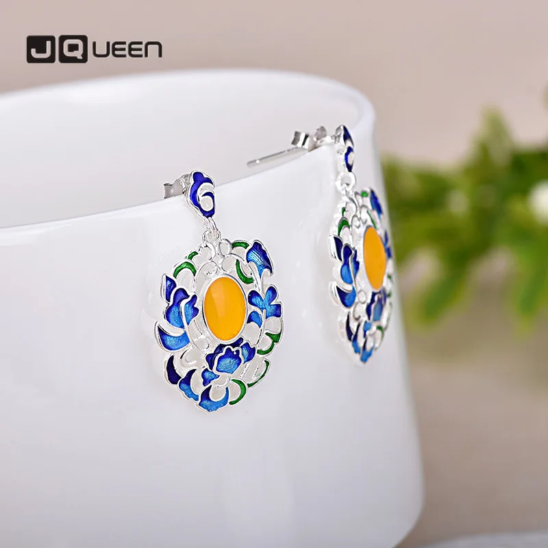 Модные серьги эмалированные синие в этническом стиле серебряные серьги-гвоздики