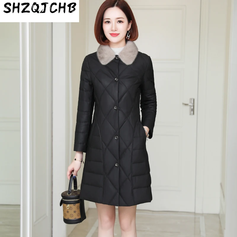 

SHZQ новая зимняя куртка из овечьей кожи, Женская куртка средней и длинной длины с меховым воротником, кожаная куртка, утепленная