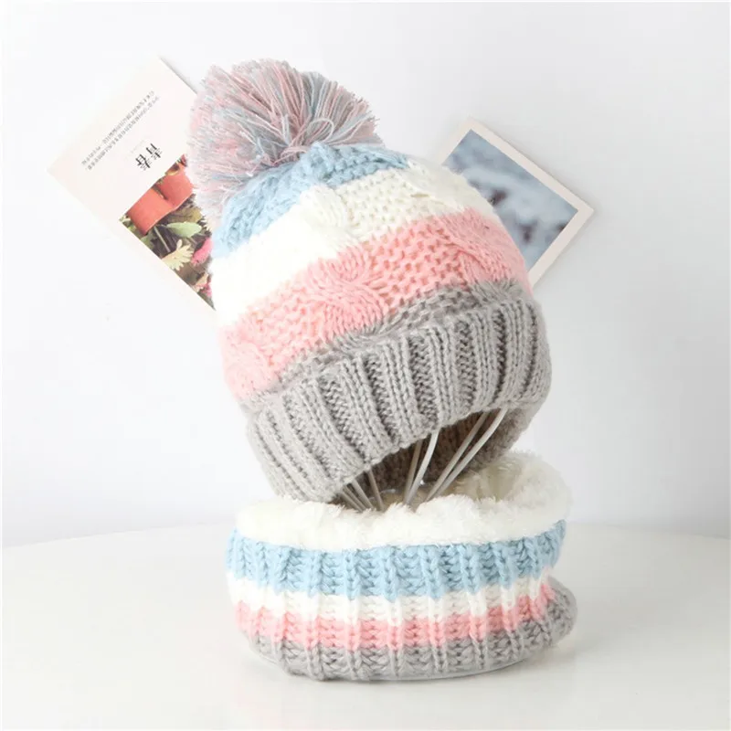 

Children's knit hat scarf set Toddler Girl&Boy Baby Splice Crochet Knit Hat Beanie Hairball Cap Scarf Set Suit #3N07