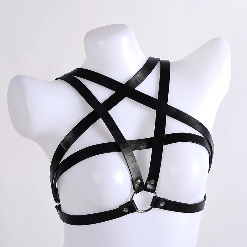 

Gothic Strappy Pentagram Leather Harness Bra for Women Sexy Crop Top Body Cage Punk Fetish Bondage Festival Rave Garter