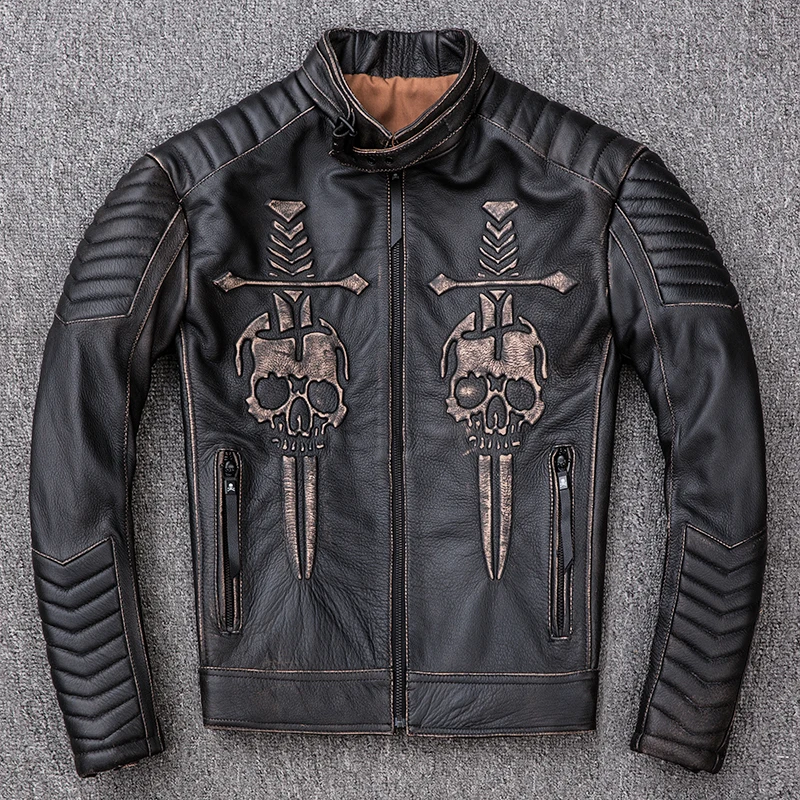 

Skull 2021 Fashion Genuine Leather Jacket Men Short Retro Vintage Cowhide Slim Fit Stand Collar Motorcycle Biker Leather Coat