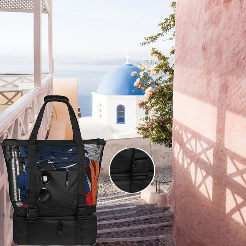 

Cooler Bag Picnic Outdoor Camping Beach Mesh Tote Bag with Detachable Cooler Bag Packing Organizer Multifunctional Waterproof