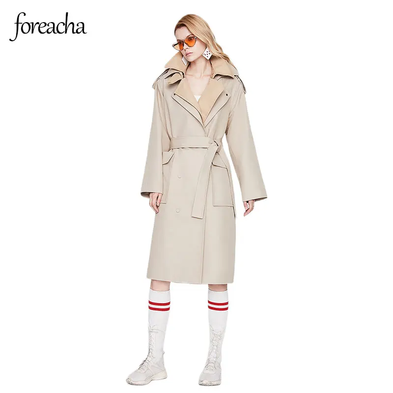 

Модное женское пальто цвета хаки foreacha с двойным воротником, модный двубортный прямой женский длинный Тренч, Тренч 2021