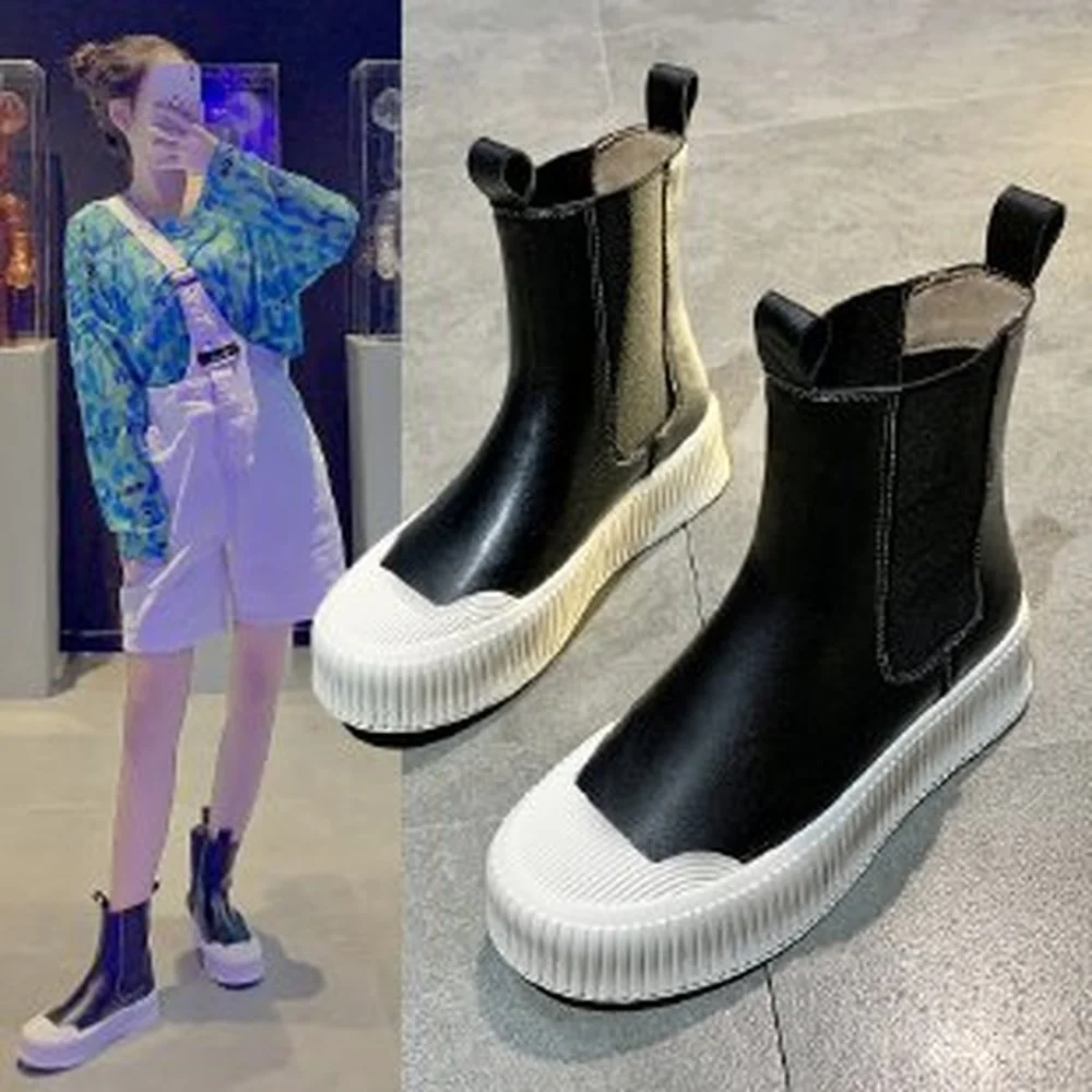 

Women's Chelsea Boots 2021 New Fashion Leather White Ankle Boots Women Black Punk Gothic Platform Boot Female Luxury Designer