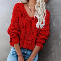 casual solid v neck sweater women fashion christmas hollow out knitted jumper female autumn winter long sleeve sweaters elegant