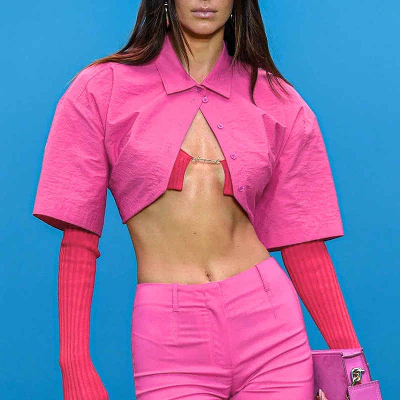 

R21tp445 Women's 2021 Summer New Solid Color Open Navel Polo Collar Short Sleeve Top