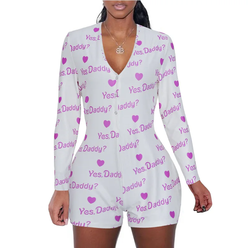 

Women Sexy One-piece Playsuit Pajamas Underwear Long Sleeve Button Up Deep V Neck StretchyBodycon Leotard Short Romper Overalls