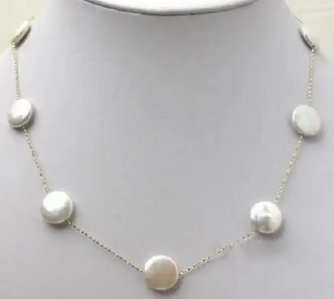 

Fine JEWELRY NATURAL Wholesales Real natural pearl white 10-11mm COINS shape + 925 silver handmade necklace 18"