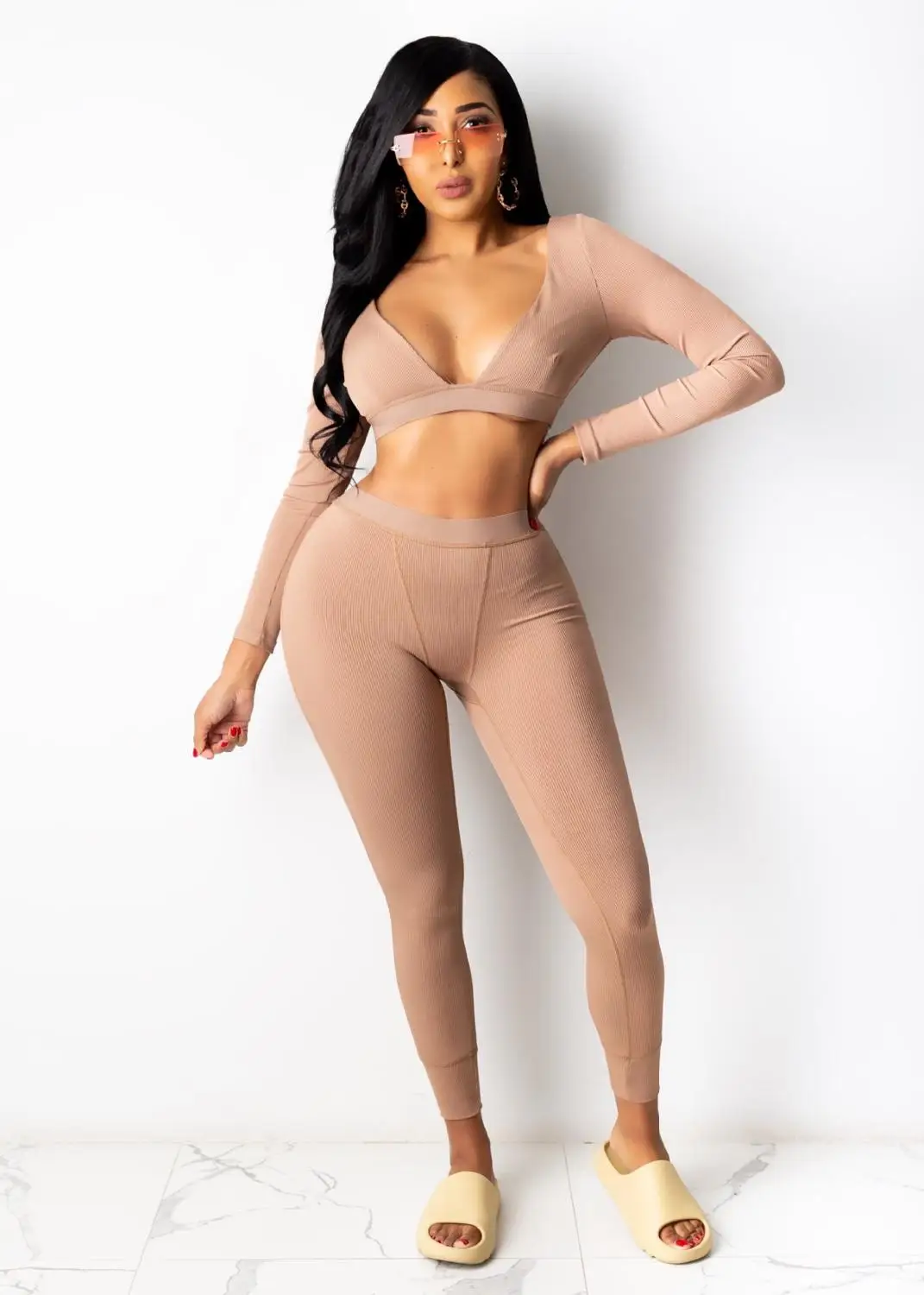 

Solid Sexy Fitness Wear Deep V Neck Pullover Crop Tops Tunic High Waist Pencil Pants Fashion 2 Piece Matching Sets For Women
