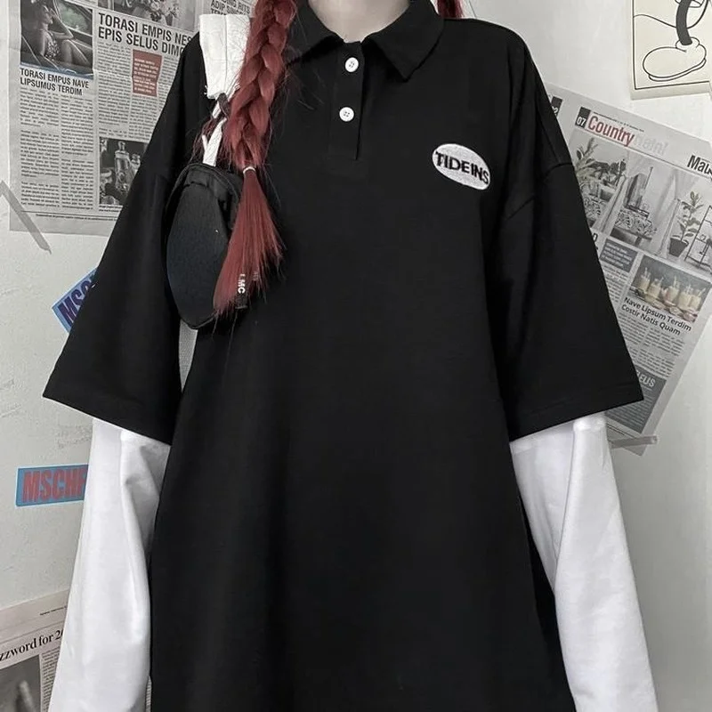 

Женская футболка-поло в стиле Харадзюку, женская футболка с имитацией двух частей, корейские модные топы с длинным рукавом, осенняя Студенч...