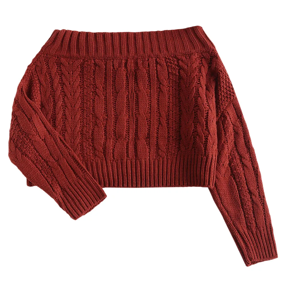ZAFUL Chunky Cable Knit Off The Shoulder Neckline Sweater Long Sleeves Loose Striped Female Pullovers Elastic Autumn Winter Warm | Женская