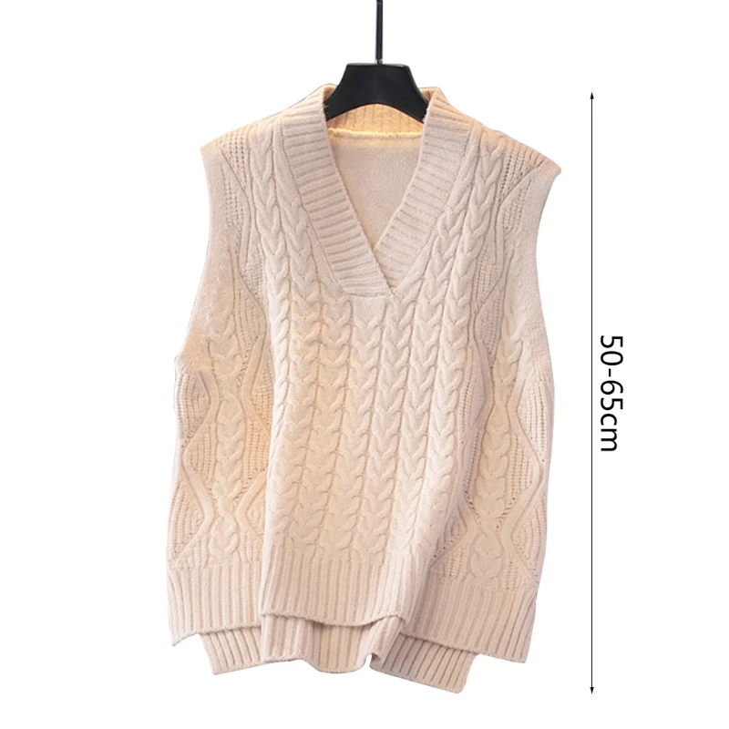 

Korean Women Autumn Twist Cable Knitted Sleeveless Vest V-Neck Solid Color Pullover Sweater Casual Loose High Low Jumper
