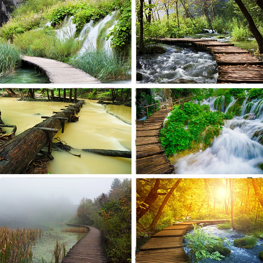 Nitree река лес деревянный мост ручье одноплановый водопад фон для фотостудии