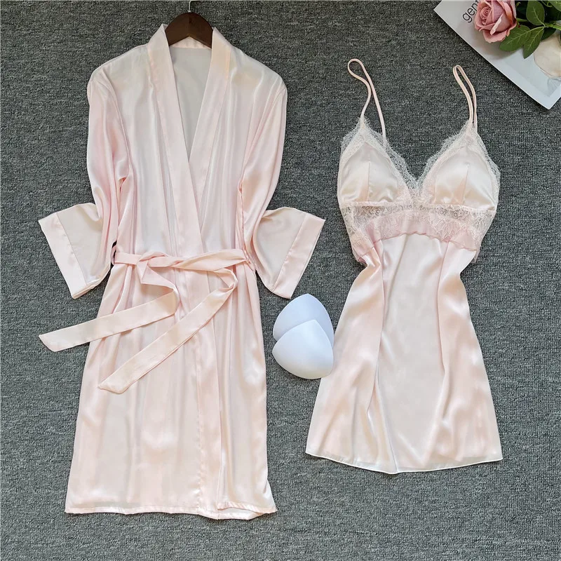 

Womens 2Pcs Nightshirts Sleep Suit V-Neck Robe Set Pajamas Silky Sleepwear Homewear Wear Home Nightdress Negligee Gown